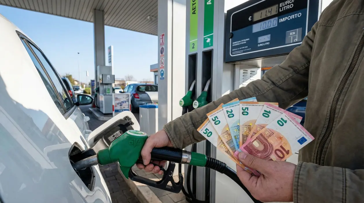 Persona fa rifornimento a un'auto tenendo in mano banconote in euro