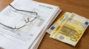 Busta paga con occhiali da vista e banconote da 200 euro su un tavolo