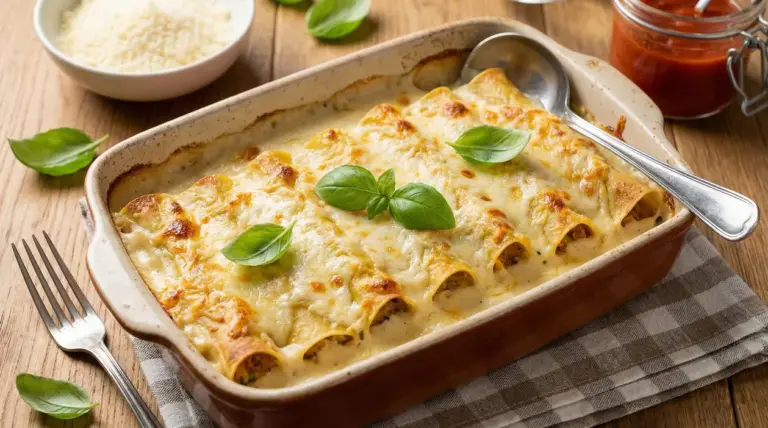 Cannelloni ripieni di carne al forno con besciamella, serviti in teglia su un tavolo rustico