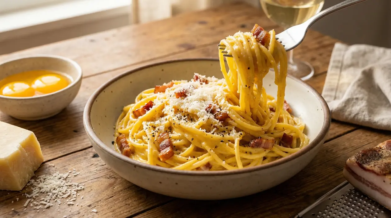 Piatto di spaghetti alla carbonara cremosi con guanciale e formaggio su un tavolo rustico