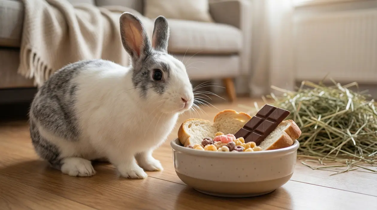 Coniglio vicino a una ciotola con cioccolato, pane e cereali, alimenti inadatti per lui