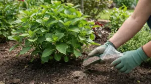 Persona con guanti da giardinaggio aggiunge fertilizzante al terreno vicino a una pianta di ortensia