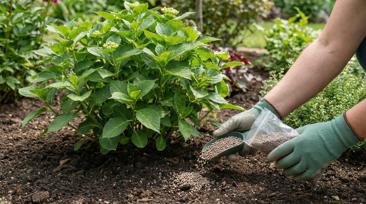 Persona con guanti da giardinaggio aggiunge fertilizzante al terreno vicino a una pianta di ortensia
