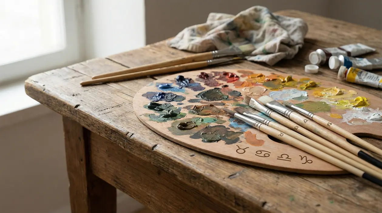 Tavolo in legno con tavolozza di colori a olio, pennelli e simboli zodiacali