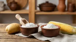 Ciotole con fecola di patate e amido di mais accanto a una patata e a una pannocchia su un tavolo di legno