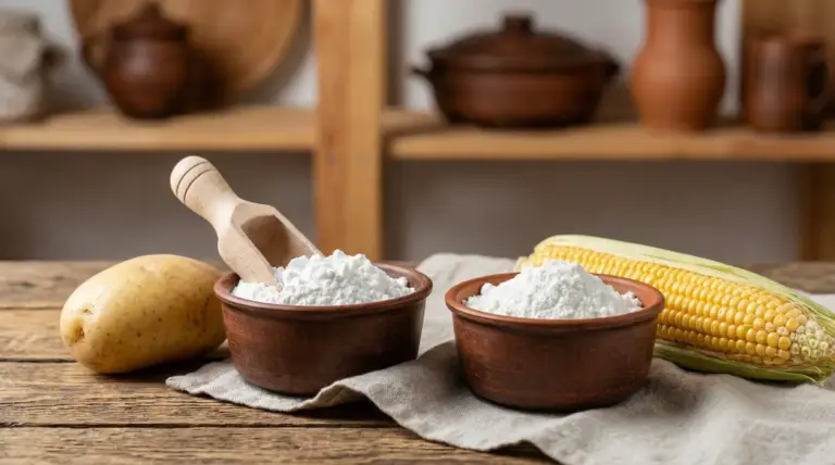 Ciotole con fecola di patate e amido di mais accanto a una patata e a una pannocchia su un tavolo di legno