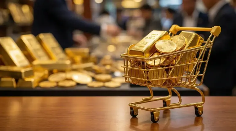 Lingotti e monete d'oro in un carrello su un tavolo, sfondo con persone sfocate