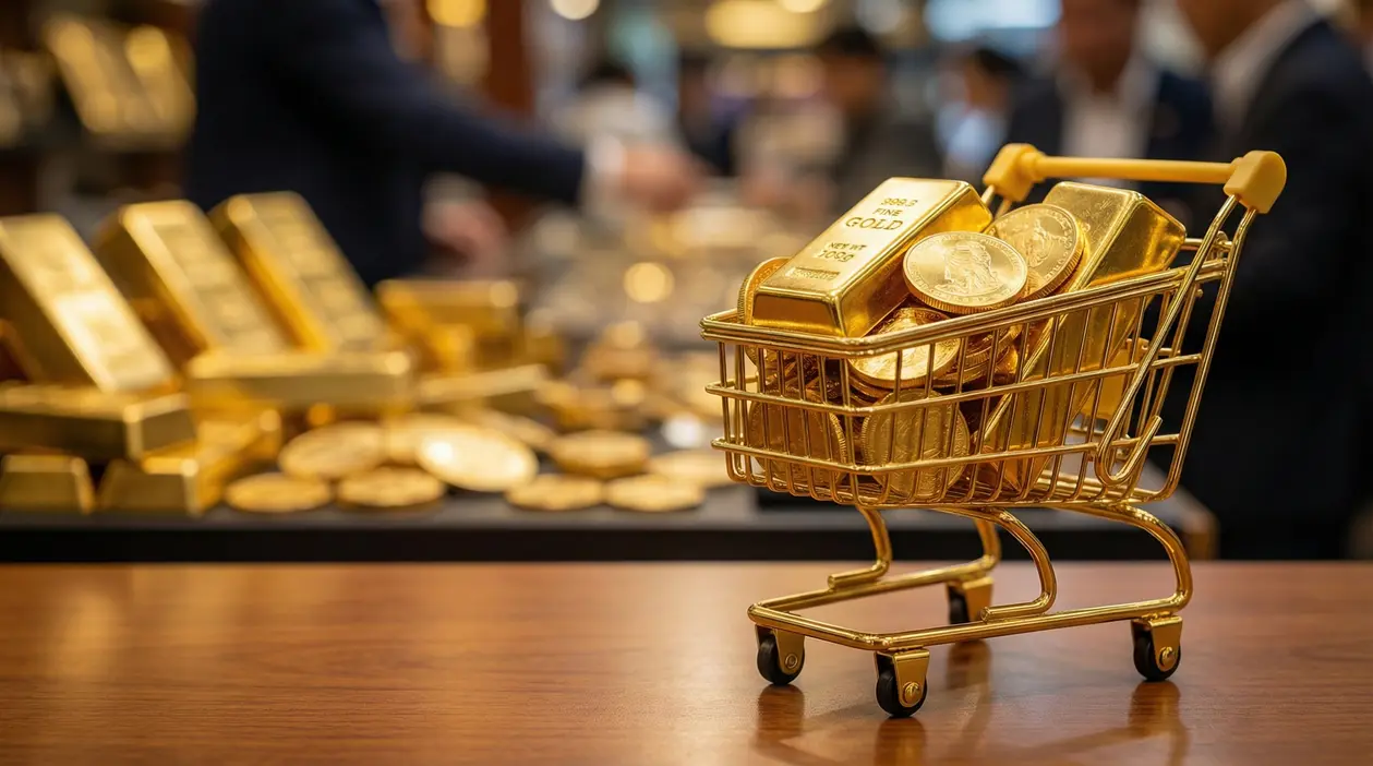 Lingotti e monete d'oro in un carrello su un tavolo, sfondo con persone sfocate