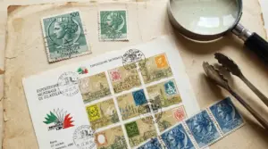 Francobolli antichi italiani su una cartolina con lente d'ingrandimento e pinzette