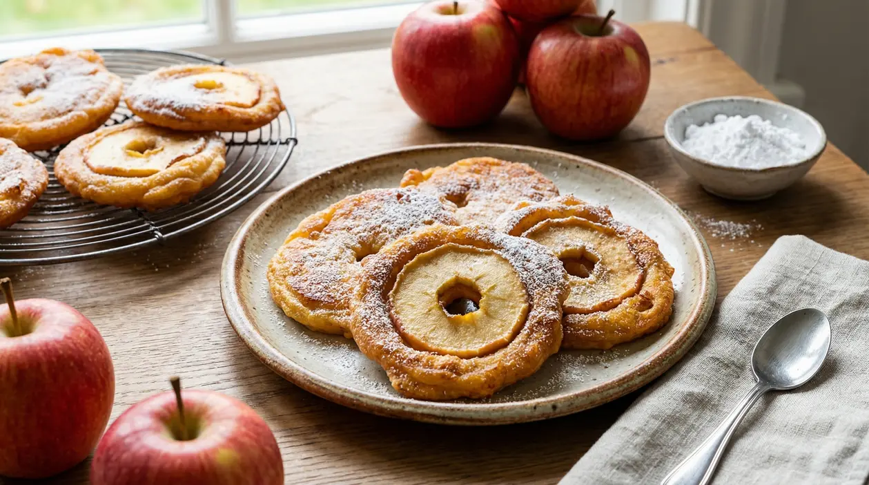 Frittelle di mele al forno servite su un piatto con zucchero a velo e mele fresche sullo sfondo