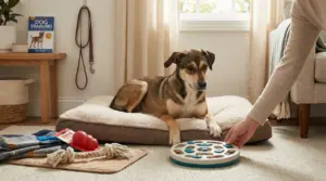 Cane sdraiato su un cuscino mentre una persona gli offre un gioco interattivo