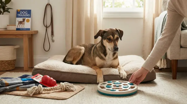 Cane sdraiato su un cuscino mentre una persona gli offre un gioco interattivo
