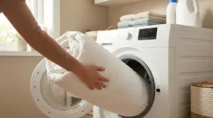 Una persona inserisce un piumone bianco in una lavatrice a carica frontale