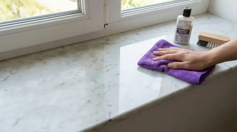 Mano che lucida un davanzale in marmo con un panno viola vicino a prodotti per la pulizia