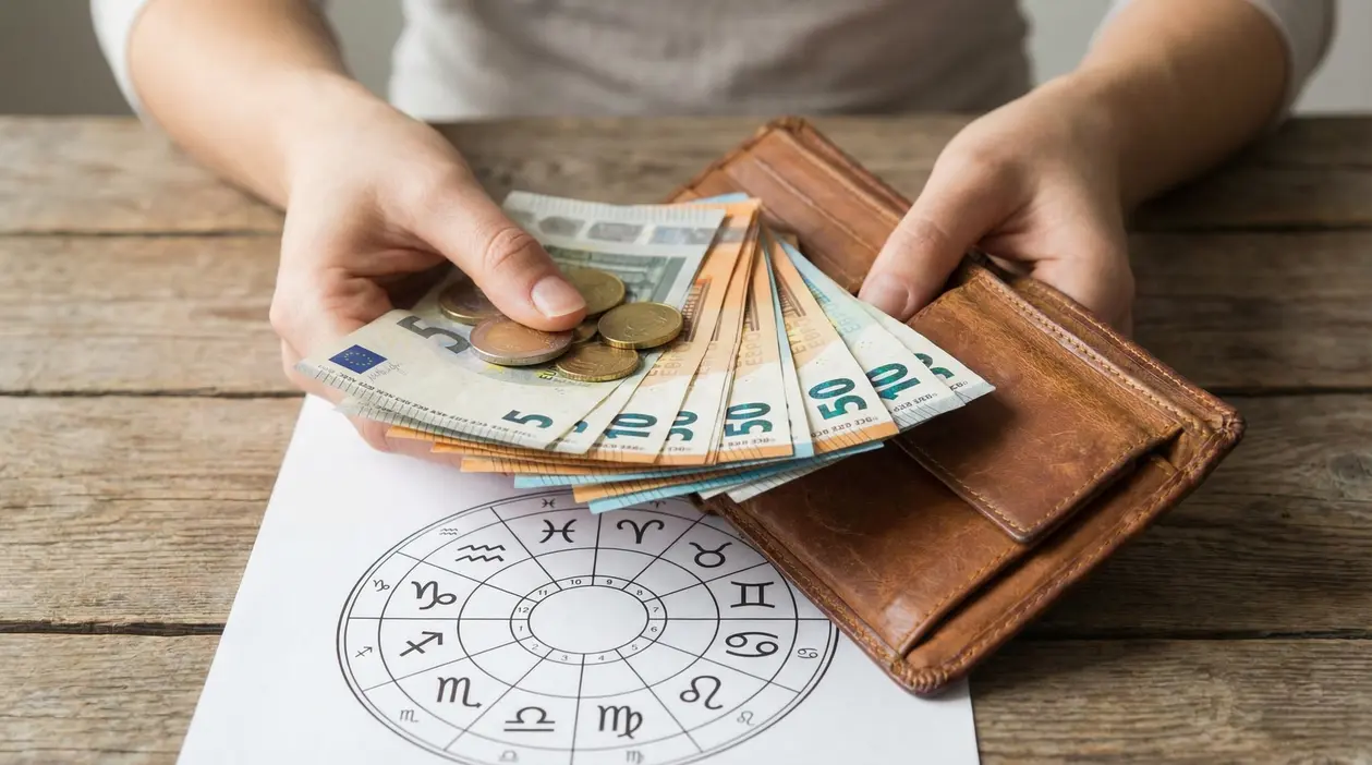 Persona con portafoglio aperto che tiene banconote in euro sopra un grafico astrologico.