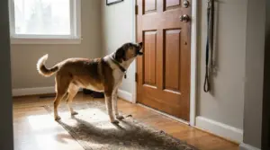 Cane che abbaia davanti alla porta d'ingresso di casa