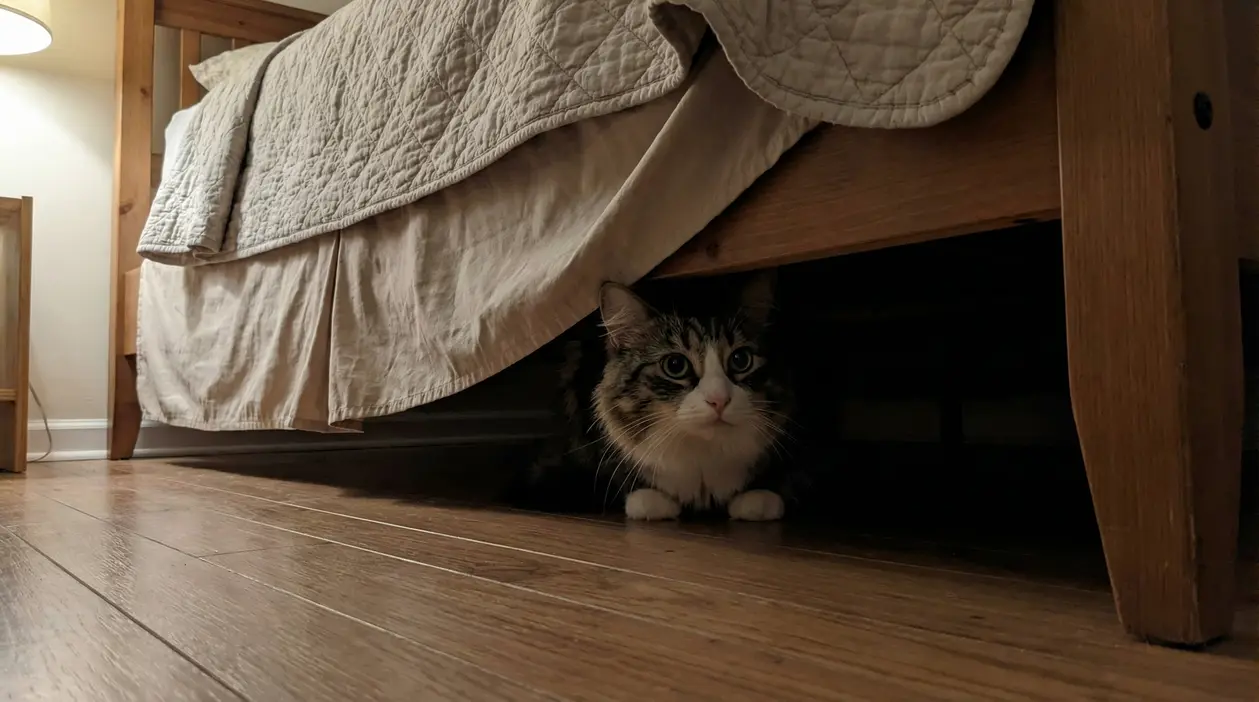 Gatto nascosto sotto un letto in una stanza con pavimento in legno