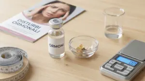 Flacone con etichetta ormoni su tavolo con pillole, metro da sarta e bilancia digitale