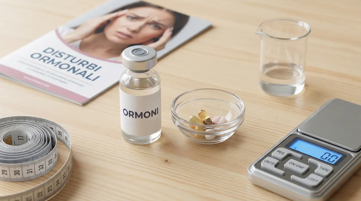 Flacone con etichetta ormoni su tavolo con pillole, metro da sarta e bilancia digitale