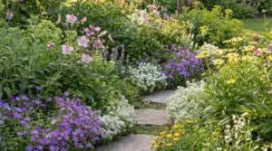 Sentiero da giardino circondato da piante perenni in fiore di vari colori