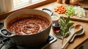 Ragù alla bolognese in cottura in una casseruola con ingredienti freschi sul piano di lavoro