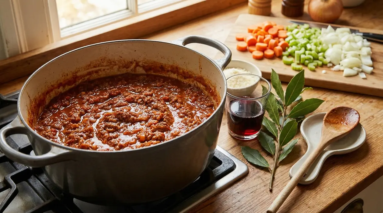 Ragù alla bolognese in cottura in una casseruola con ingredienti freschi sul piano di lavoro