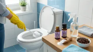 Persona con guanti pulisce un WC con spazzolone in un bagno pulito e ordinato.