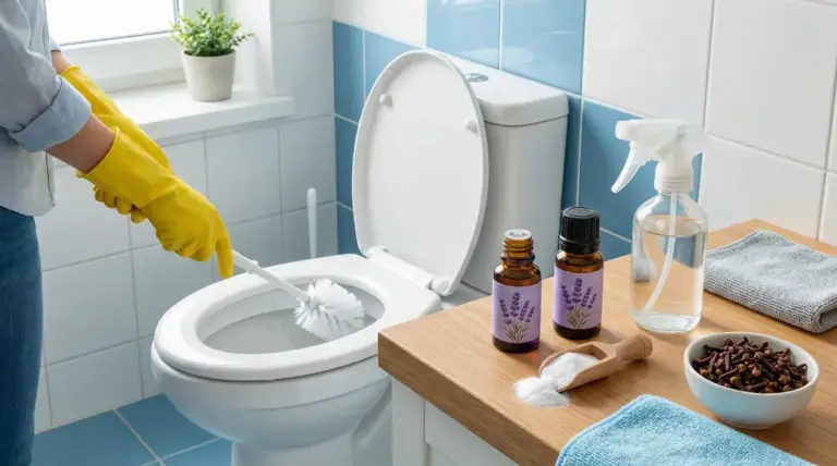 Persona con guanti pulisce un WC con spazzolone in un bagno pulito e ordinato.