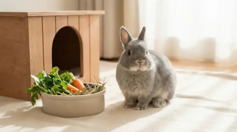 Coniglio nano grigio vicino a una ciotola con verdure fresche e fieno