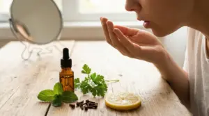 Persona che controlla l’alito con rimedi naturali come limone, menta e olio essenziale su un tavolo