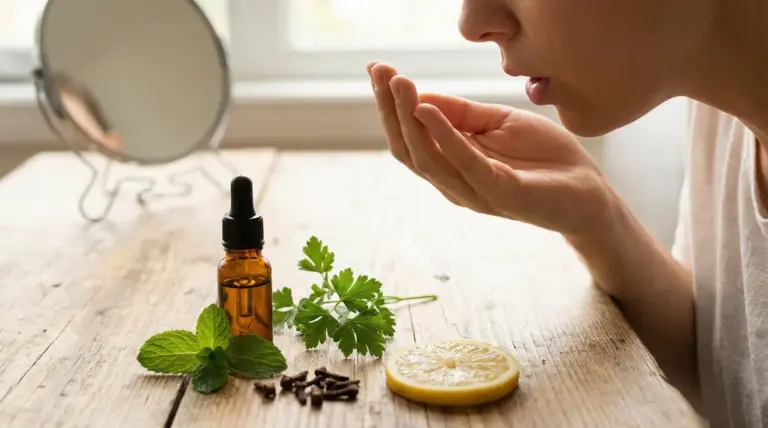 Persona che controlla l’alito con rimedi naturali come limone, menta e olio essenziale su un tavolo
