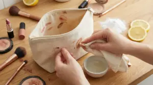 Mani che rimuovono macchie di trucco da una trousse in tessuto con rimedi naturali