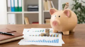 Salvadanaio con banconote e monetine su documenti con grafici finanziari