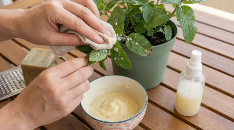 Mani puliscono le foglie di una pianta infestata da cocciniglia con sapone naturale fatto in casa