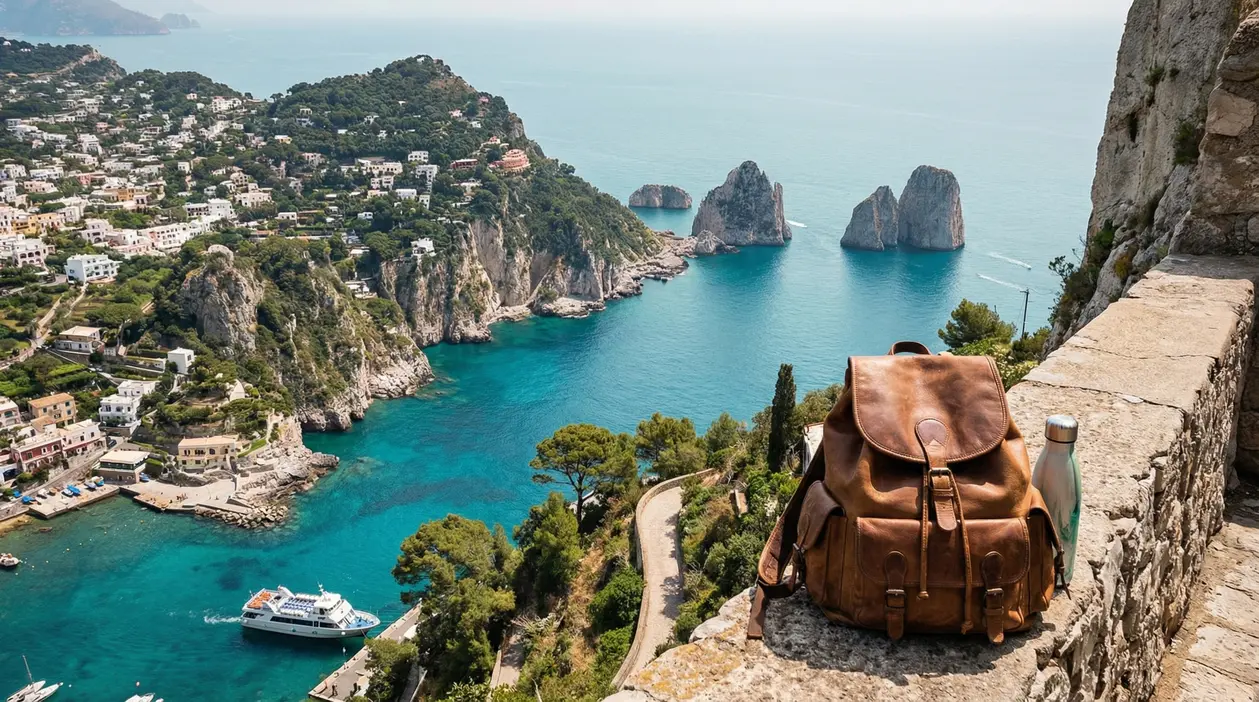 Vista panoramica di Capri con zaino e borraccia su un muretto in primo piano