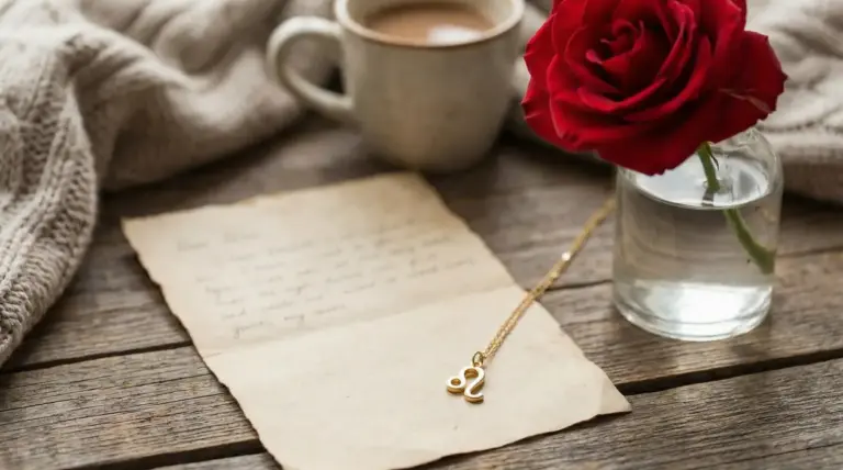 Lettera su tavolo di legno con ciondolo del segno Leone, rosa rossa e tazza di tè accanto