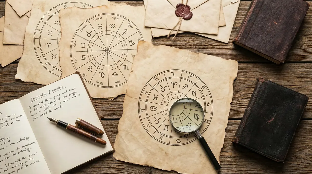 Carte astrologiche antiche con simboli zodiacali, lente d’ingrandimento e penna su tavolo di legno