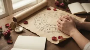 Mani poggiate su una mappa astrologica con petali secchi e una bussola sul tavolo