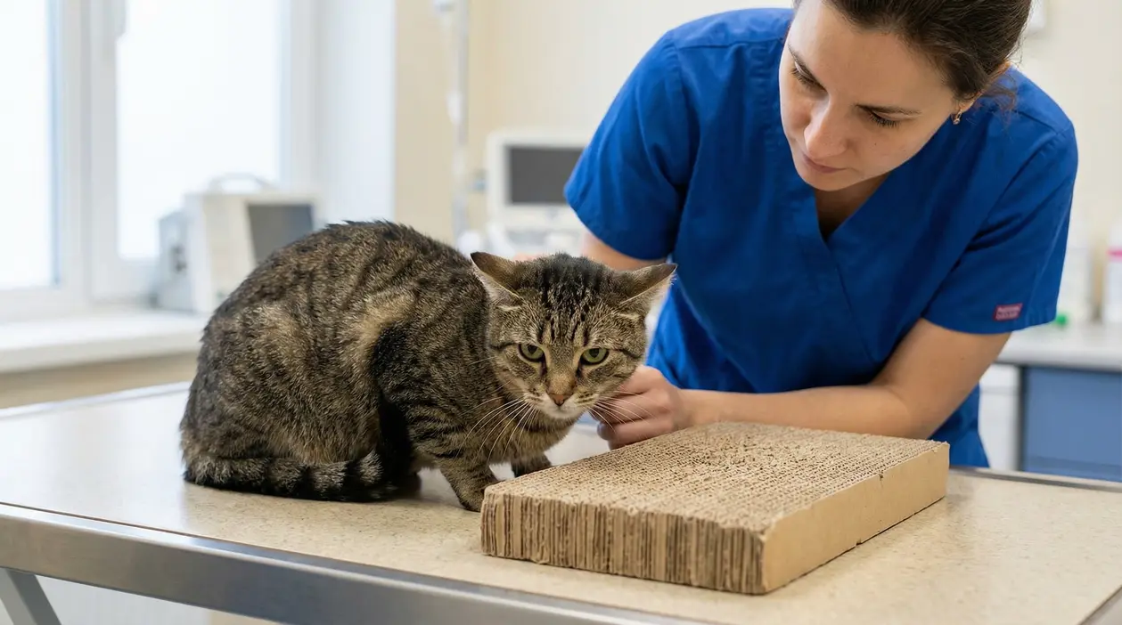 Gatto tigrato su un tavolo veterinario accanto a un'operatrice in camice blu