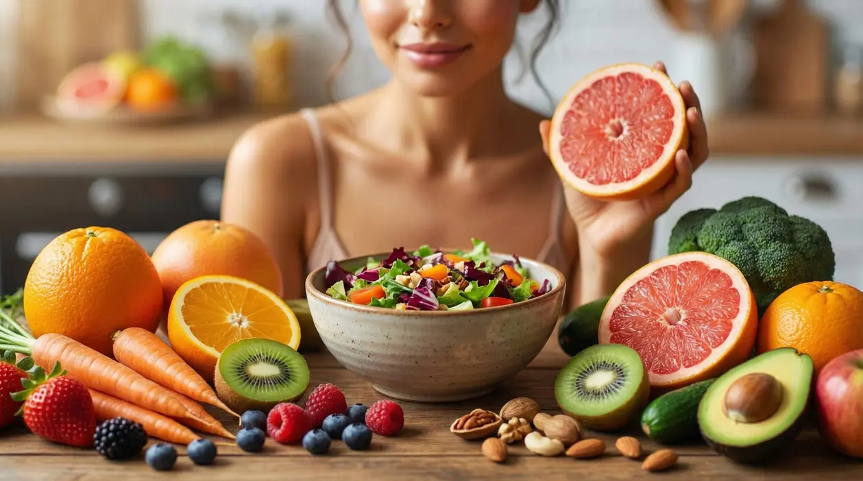 Una persona con una ciotola di insalata circondata da frutta e verdura fresca