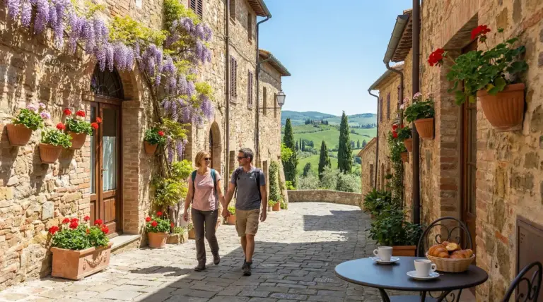 Coppia che passeggia in un borgo storico con fiori e colline sullo sfondo